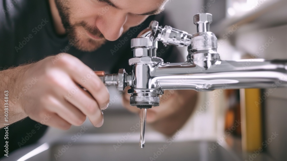 Plumber fixing a leaking pipe under a sink. Featuring problem-solving and precision