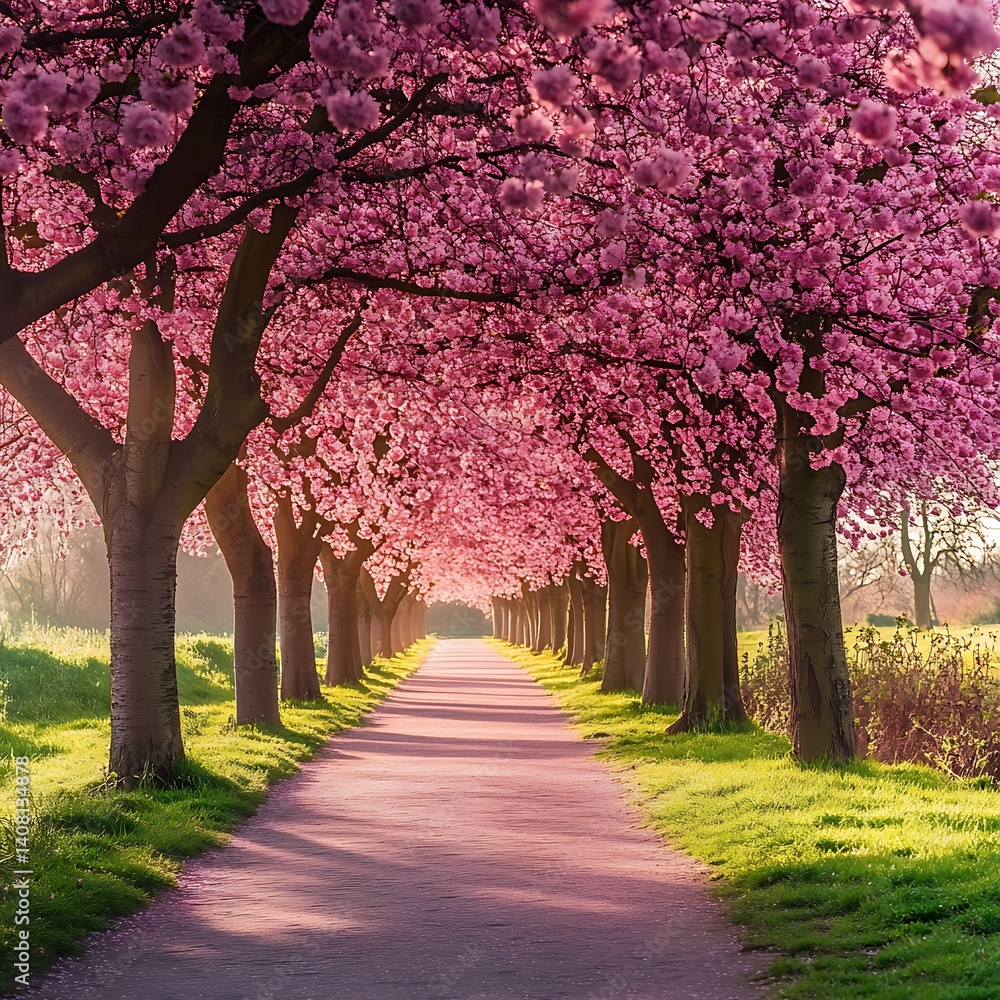 Naklejka premium A picturesque walkway enveloped by blooming cherry blossoms