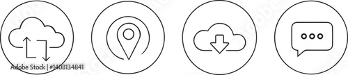  Set of 4 cloud-related icons: file upload, location, file download, and chat message, perfect for cloud computing, digital communication, and technology-related designs.