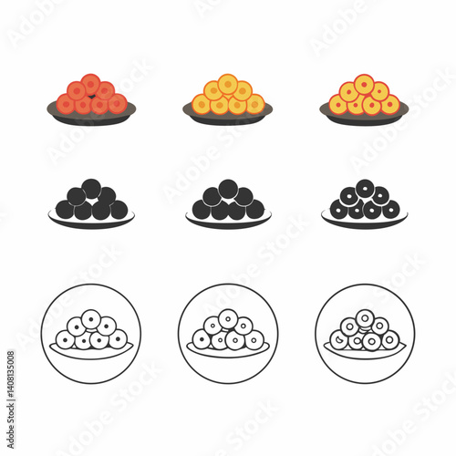 A delightful collection of sweet treats presented on plates in various color schemes and line art styles, showcasing a tempting array of deliciousness.