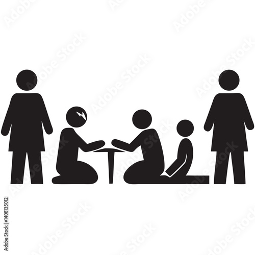 A family's quiet evening game, children engrossed in play under watchful parental eyes, simple black silhouette art.