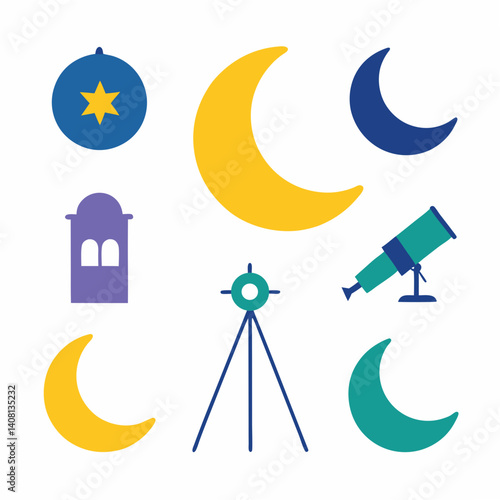 A vibrant celebration of celestial wonders, featuring crescent moons, a star, a telescope, and a lantern, in a bold and playful graphic style.