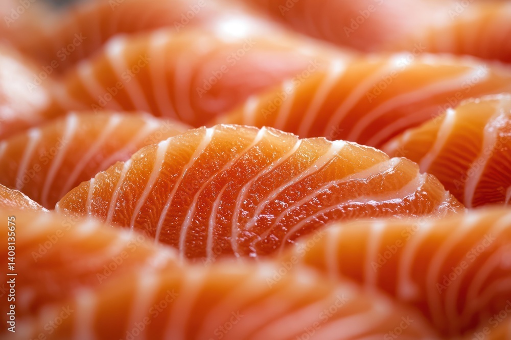 Close-up of sliced raw salmon showing texture and vibrant orange color. Close-up of sliced raw salmon showing texture and vibrant orange color.