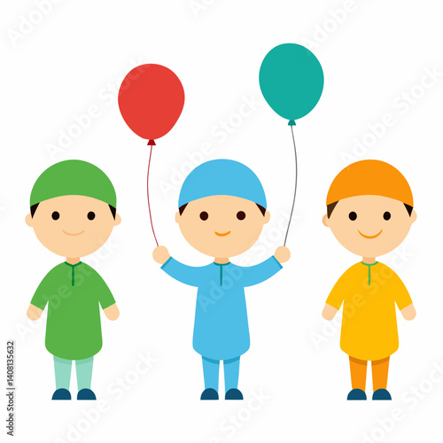 Three joyful Muslim boys in colorful thobes joyfully celebrate a festive occasion with vibrant balloons against a clean white background.