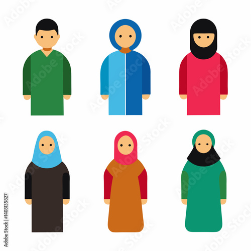 A diverse group of individuals represented in simple, bold colors, showcasing various cultural clothing styles, in a flat design illustration.