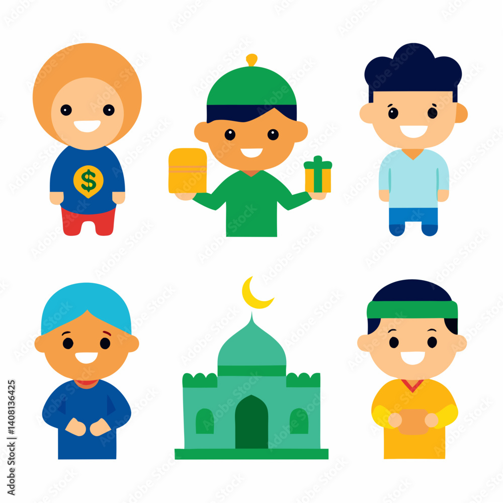 Happy Muslim children celebrating Eid with gifts, Zakat, and prayer at the mosque in a vibrant, flat-style illustration. Happy Muslim children celebrating Eid with gifts, Zakat, and prayer at the mosque in a vibrant, flat-style illustration.