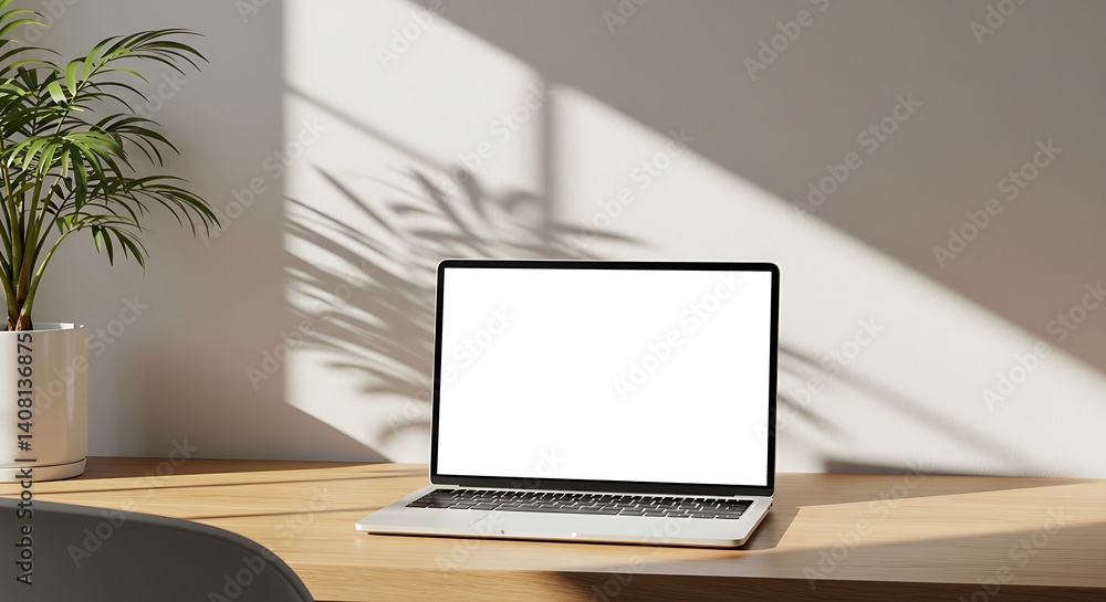 Fototapeta premium Sunlit Workspace: Laptop Mockup with Plant Shadow AI Generated