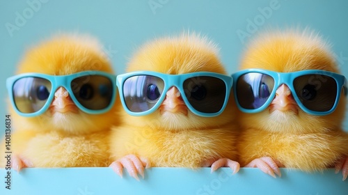 A delightful spring scene with three fluffy yellow chicks wearing hip blue sunglasses, set against a bright blue background, full of playful innocence