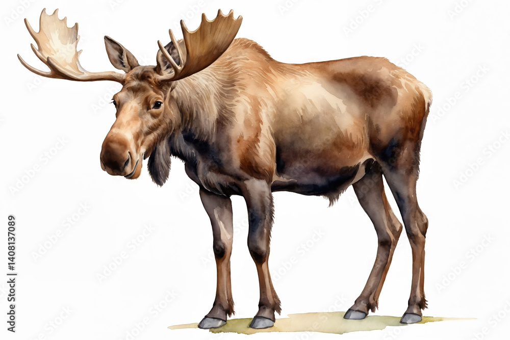Fototapeta premium Watercolor painting of a moose on a white background. Illustration of a wild forest animal for design: book, sticker, decoration, print or postcard, greeting card. Wildlife theme. 