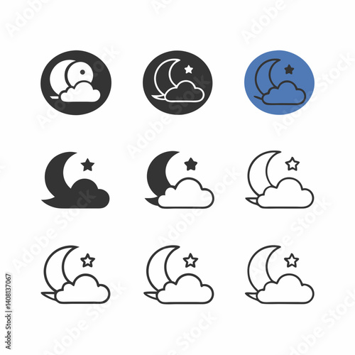 A serene night scene depicted through diverse icon styles showing a crescent moon nestled beside a fluffy cloud and a twinkling star, presented in various shades of gray and blue.