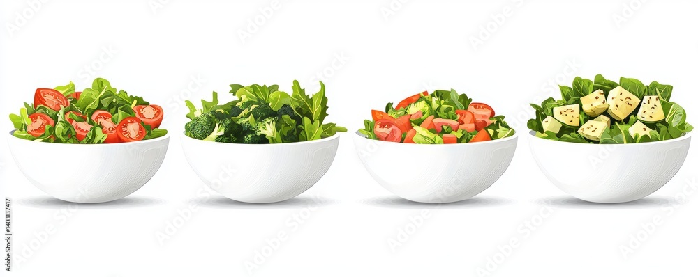 White bowls hold eight vibrant vegetable salads created with pixel art White bowls hold eight vibrant vegetable salads created with pixel art