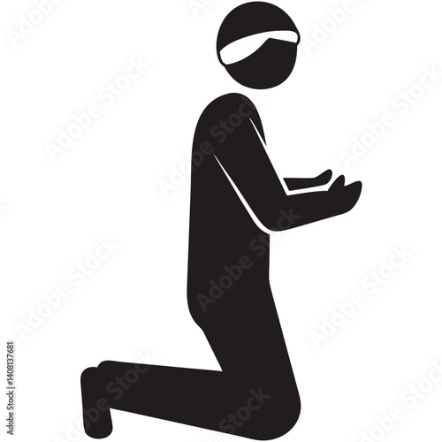 A blindfolded figure kneeling in humble supplication, a stark black silhouette against a pure white background.