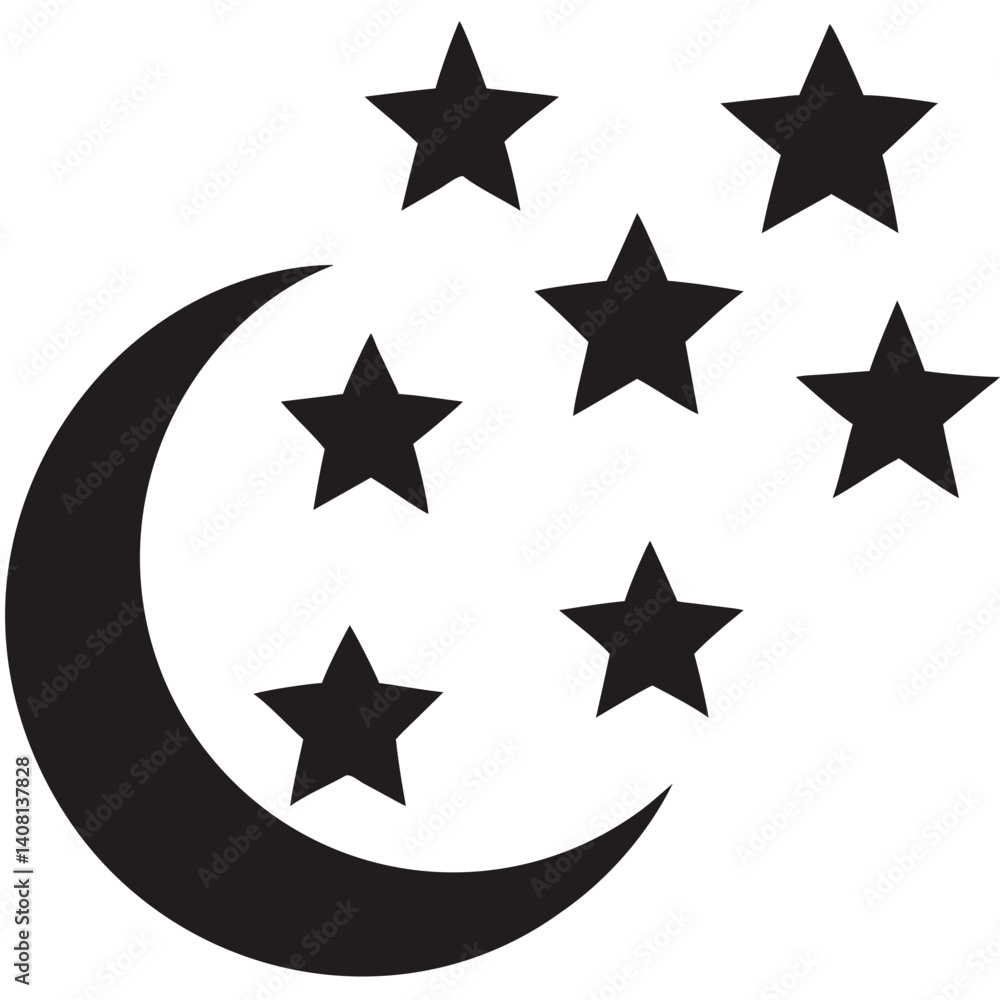 A crescent moon cradles twinkling stars, a celestial dance of midnight dreams in bold, simple black silhouettes. A crescent moon cradles twinkling stars, a celestial dance of midnight dreams in bold, simple black silhouettes.