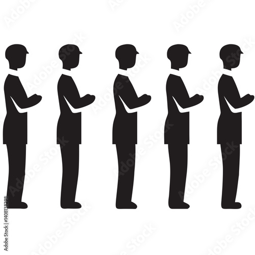 Five figures stand patiently in a silent, respectful queue, a stark black silhouette against a white background, conveying unity and expectation.