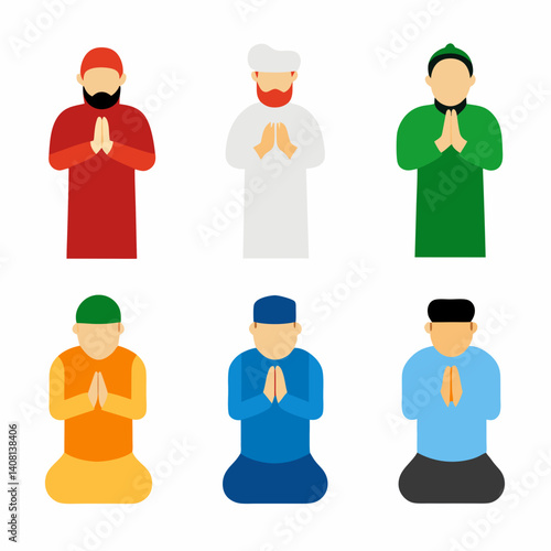 Six Muslim men in prayer, expressing peaceful devotion with vibrant colors and simple flat design.