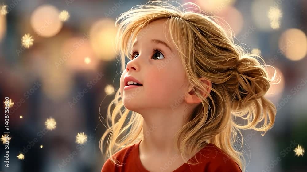 A little girl looks up, awestruck by sparkling lights A little girl looks up, awestruck by sparkling lights