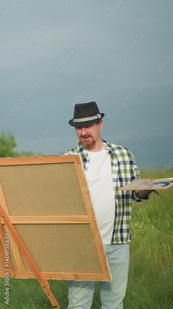 A painter holding a palette and brush captures the image of a woman in a white dress and hat, standing poised in front of him. Set in a lush grassy environment A painter holding a palette and brush captures the image of a woman in a white dress and hat, standing poised in front of him. Set in a lush grassy environment