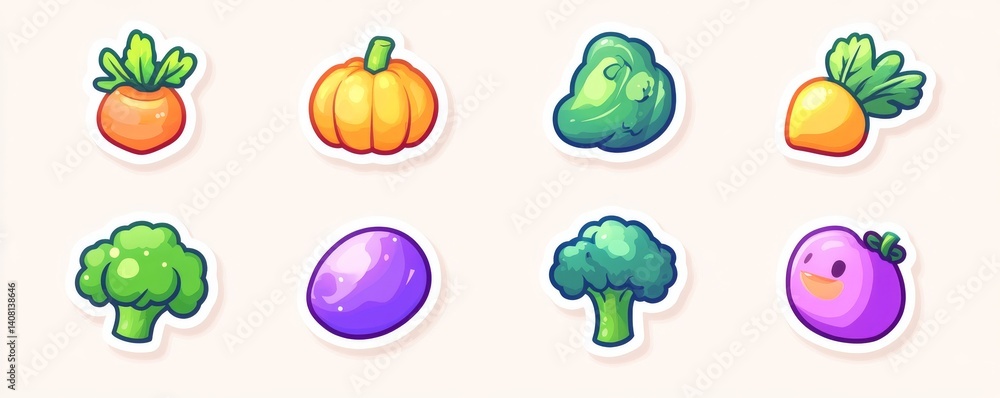 Fototapeta premium An illustration of vegetables, such as orange pumpkins, green gourds, broccoli, and cabbage, is rendered in pixel art style