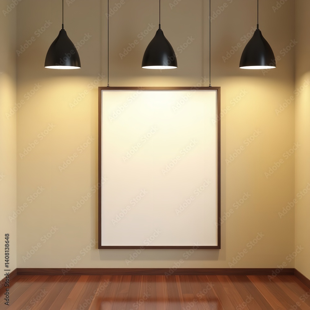 Blank canvas art gallery mock up warm lighting wooden floor minimalist design elegant space