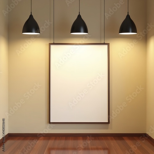 Blank canvas art gallery mock up warm lighting wooden floor minimalist design elegant space