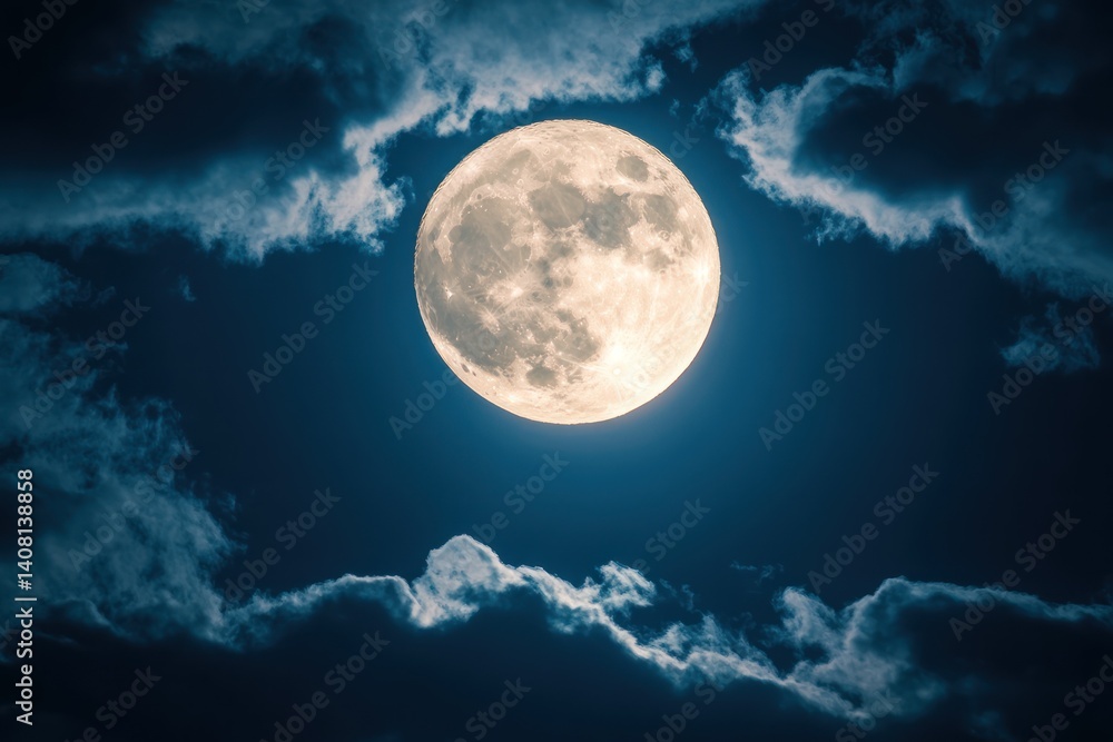 Fototapeta premium Full moon shines brightly in a dark blue night sky with clouds.