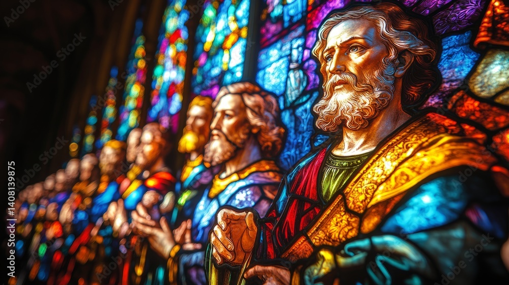 Obraz premium Stained glass windows in a grand church depict biblical figures with intricate designs and vibrant colors