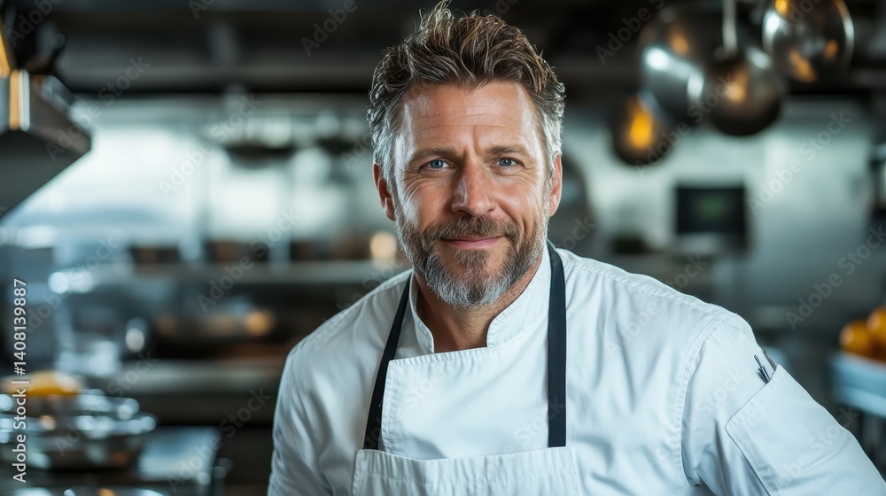 A cheerful chef with a warm smile stands in a cozy kitchen, embodying passion and joy for cooking in an inviting and vibrant atmosphere filled with culinary tools. A cheerful chef with a warm smile stands in a cozy kitchen, embodying passion and joy for cooking in an inviting and vibrant atmosphere filled with culinary tools.