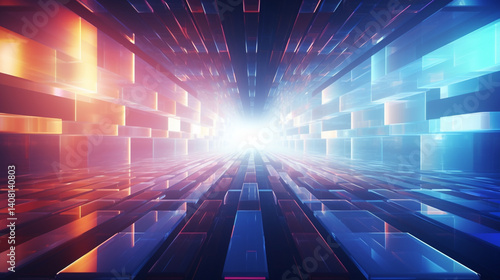 Abstract futuristic corridor with blue and orange lights and geometric shapes perspective view