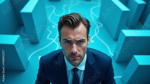 Obraz na płótnie Determined businessman facing complex choices navigating a maze of options high angle view teal w salonie