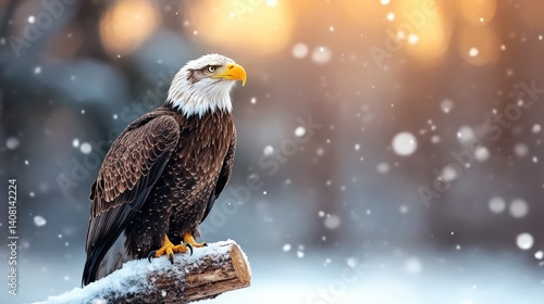 A majestic bald eagle gazes into the distance while standing atop a snow-covered log, embodying strength and freedom in a breathtaking winter landscape.