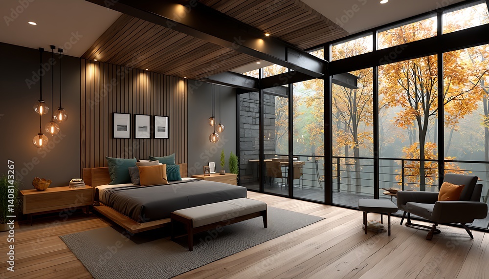 Naklejka premium Modern Bedroom with Autumn View