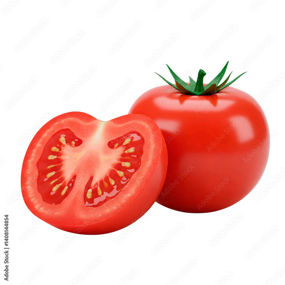 Fresh and Vibrant Roma Tomatoes: Whole and Halved Red Vegetables with Green Stems on a Clean Background Fresh and Vibrant Roma Tomatoes: Whole and Halved Red Vegetables with Green Stems on a Clean Background