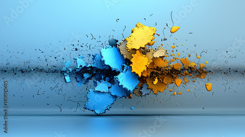 Abstract 3D render depicting the collision and fragmentation of blue and yellow elements with particle debris on a reflective blue background.