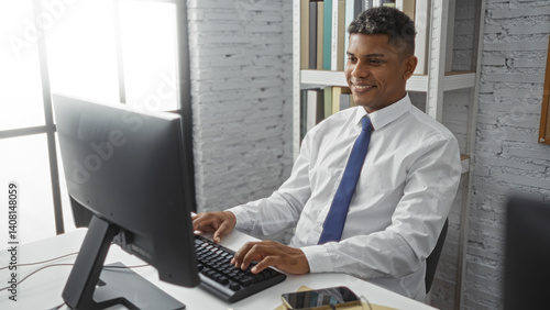 Handsome young hispanic man working in modern office room on a computer with a professional look and bright natural lighting