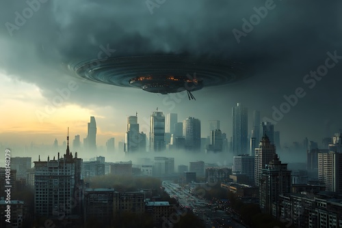 A giant UFO hovers over a futuristic cityscape shrouded in fog