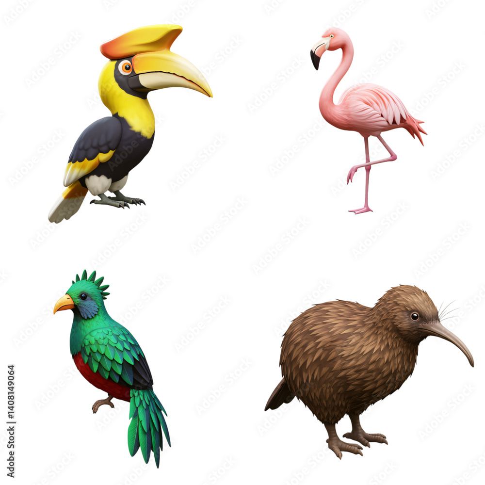 Obraz premium This image showcases a vibrant collection of four exotic birds: a hornbill, a flamingo, a quetzal, and a kiwi