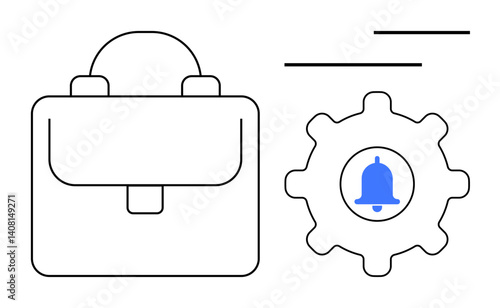 Minimalist briefcase symbol next to gear with notification bell inside, representing work, settings, and alerts. Ideal for productivity, planning, organization, business apps, notifications