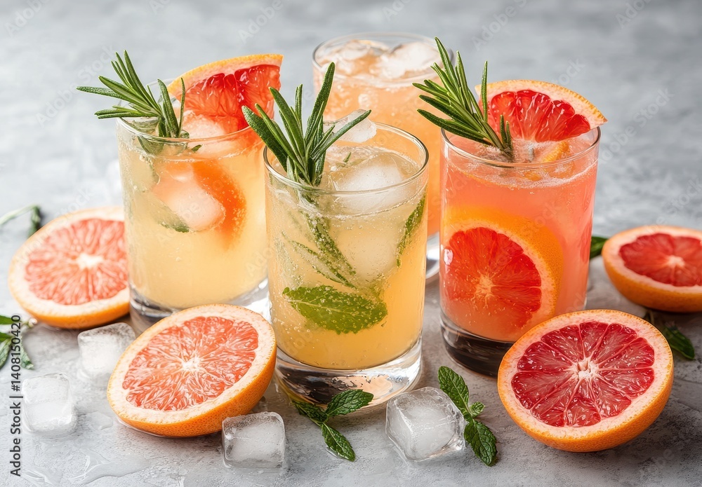 Refreshing Citrus Cocktails with Rosemary Garnish Served on a Stone Surface, Featuring Grapefruit and Mint Garnishes for a Stylish Summer Gathering Refreshing Citrus Cocktails with Rosemary Garnish Served on a Stone Surface, Featuring Grapefruit and Mint Garnishes for a Stylish Summer Gathering