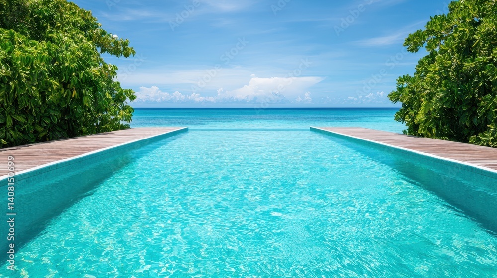 Fototapeta premium Private island resort with infinity pool, luxury travel package, VIP vacation booking, tropical paradise escape