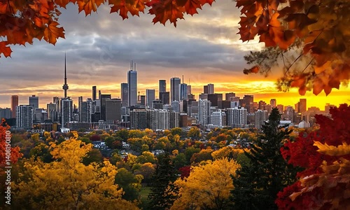 Autumnal cityscape view through fall foliage.