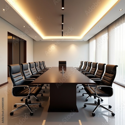 Modern boardroom sleek dark wood table black leather chairs bright recessed lighting minimalist
