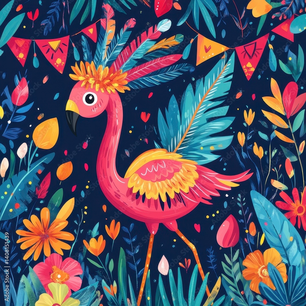 Obraz premium A vibrant illustration of a pink flamingo adorned with colorful feathers, surrounded by lush flowers and tropical foliage against a dark background.