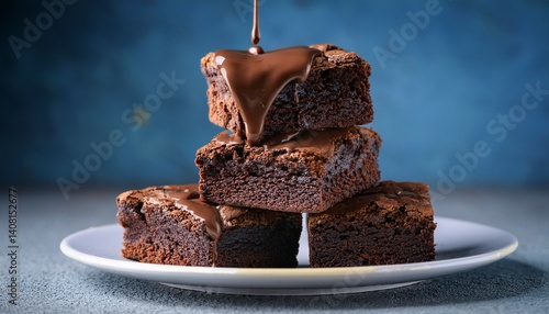 Delicious brownies with melted chocolate on a stack
