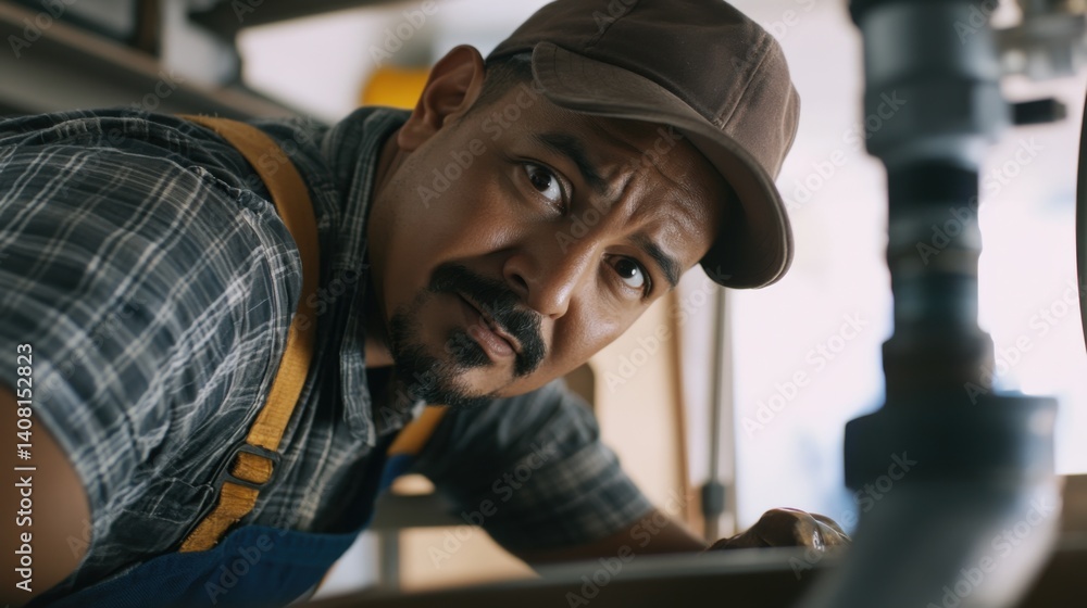 Hispanic plumber installing new pipes under a sink. Featuring plumbing and home upgrades Hispanic plumber installing new pipes under a sink. Featuring plumbing and home upgrades