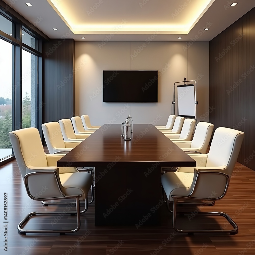 Modern boardroom sleek dark wood table pristine white chairs large window view neutral tones and