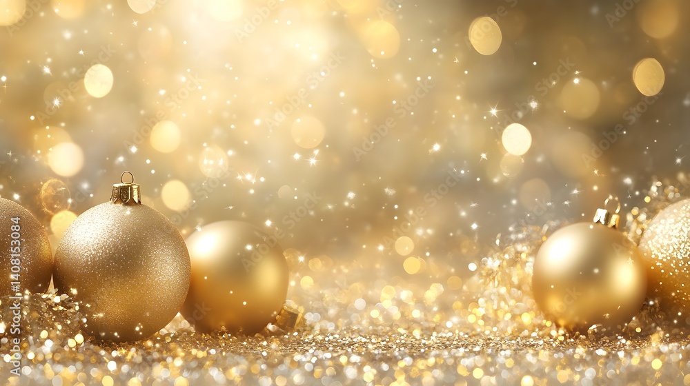 Golden Christmas Ornaments with Sparkling Glitter and Festive Background And Blank Center for Text or Design Golden Christmas Ornaments with Sparkling Glitter and Festive Background And Blank Center for Text or Design