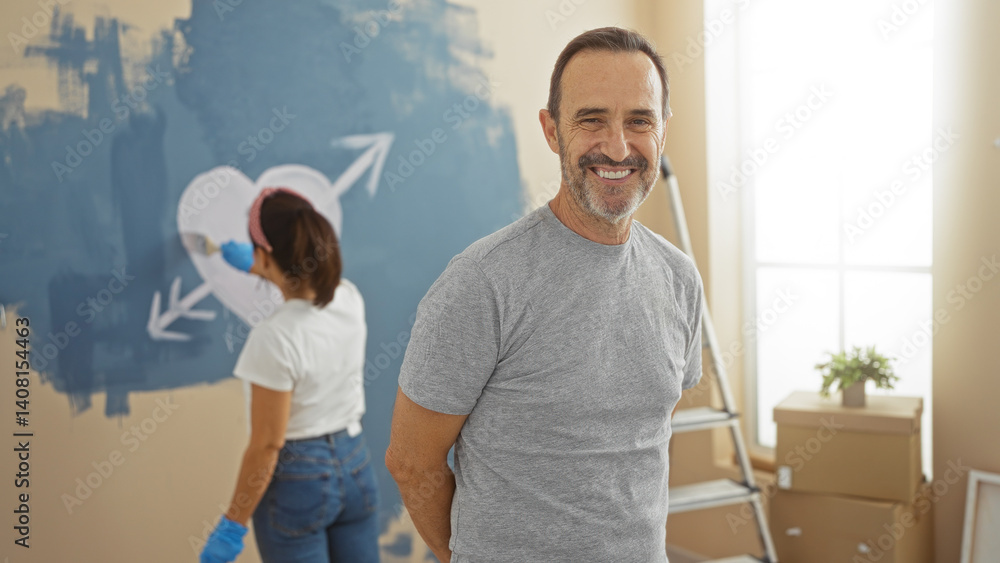 Obraz premium Middle-aged hispanic couple painting heart on new home wall, man smiling while woman paints, symbolizing love, family, and fresh beginnings in cozy indoor setting.