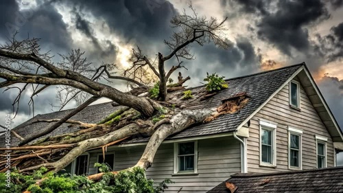 Aftermath of a Severe Windstorm A House Damaged by a Fallen Tree