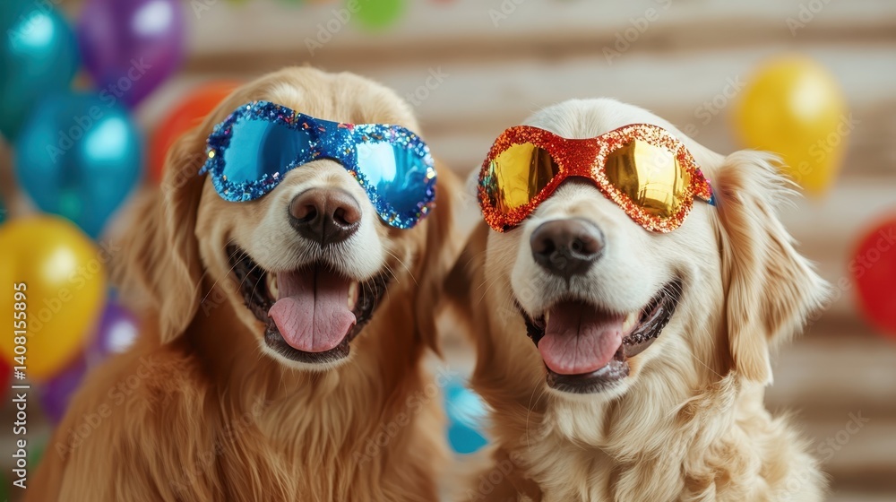 Two ecstatic Golden Retrievers don stylish sunglasses and celebrate life joyfully, emphasizing the fun and playful nature of pets and the happiness they bring into our lives.