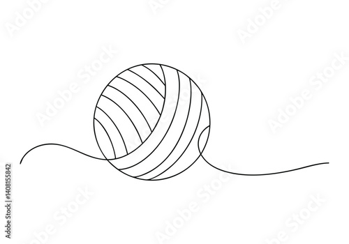 Minimalist black and white continuous line drawing of a ball of yarn with unraveling thread on a clean background in abstract style


